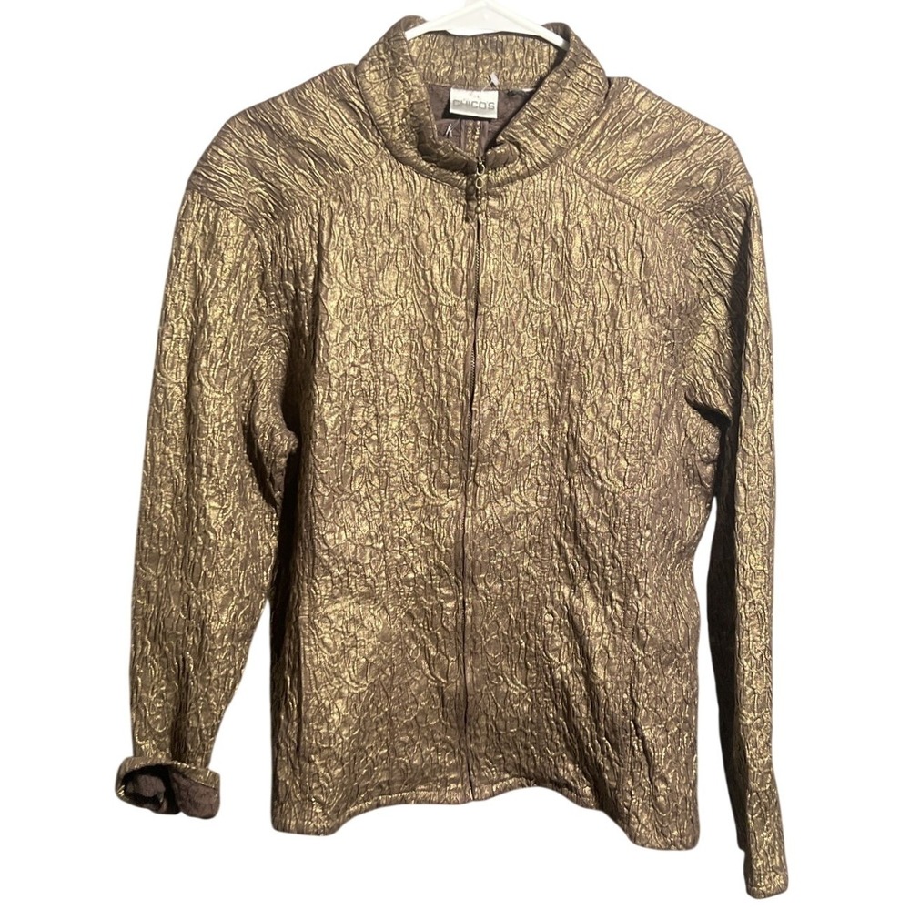 Chico's Women's Metallic Gold Bronze Crinkle Texture Full‎ Zip Jacket Coat Top